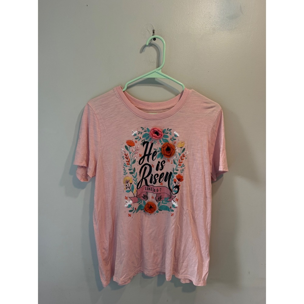 Cato Pink‎ He is Risen Graphic Tee Floral Crochet 3D Flowers Luke 24:6-7 Large